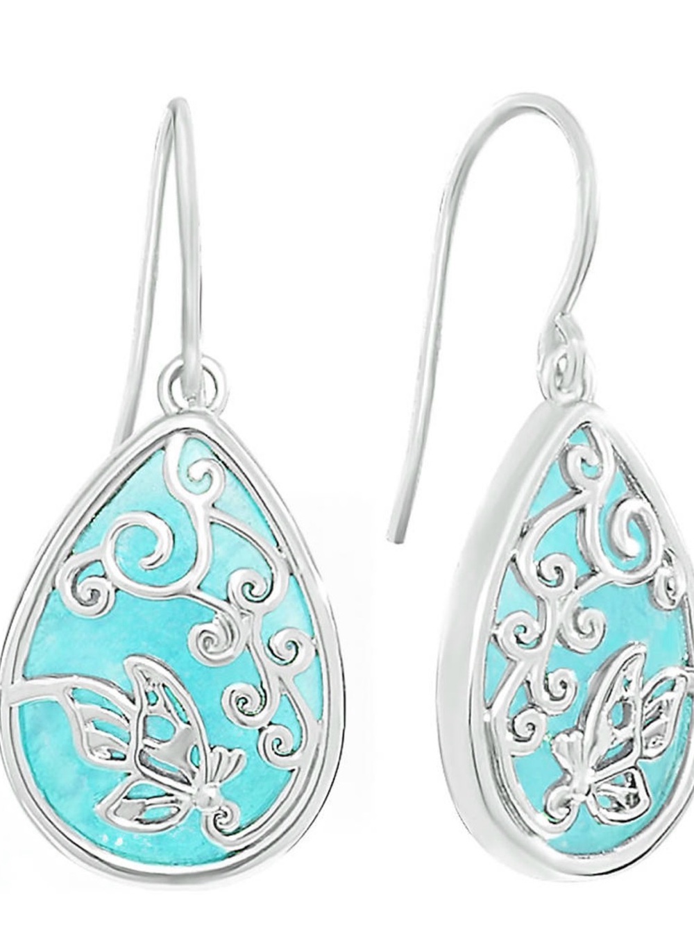 Turquoise Teardrop Butterfly Filigree Earrings in Sterling Silver